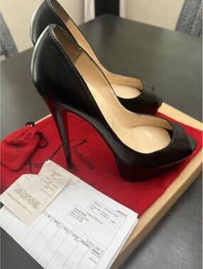 Christian Louboutin Lady Peep 150 Black Kid Leather Heels EU 38/US8 Box & Receip